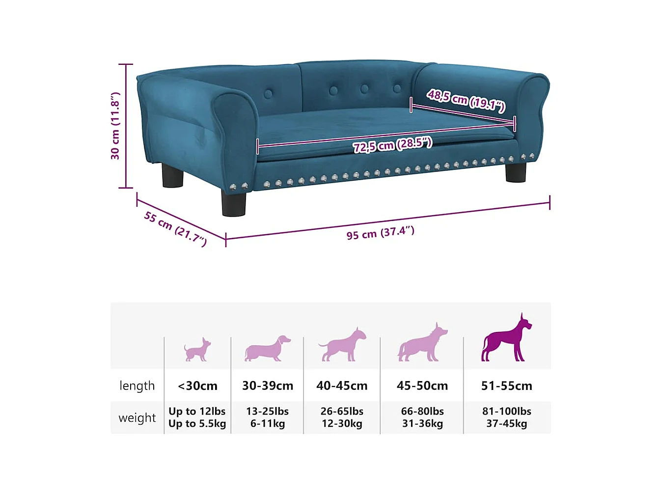 Cuccia per cani blu 95x55x30 cm in velluto