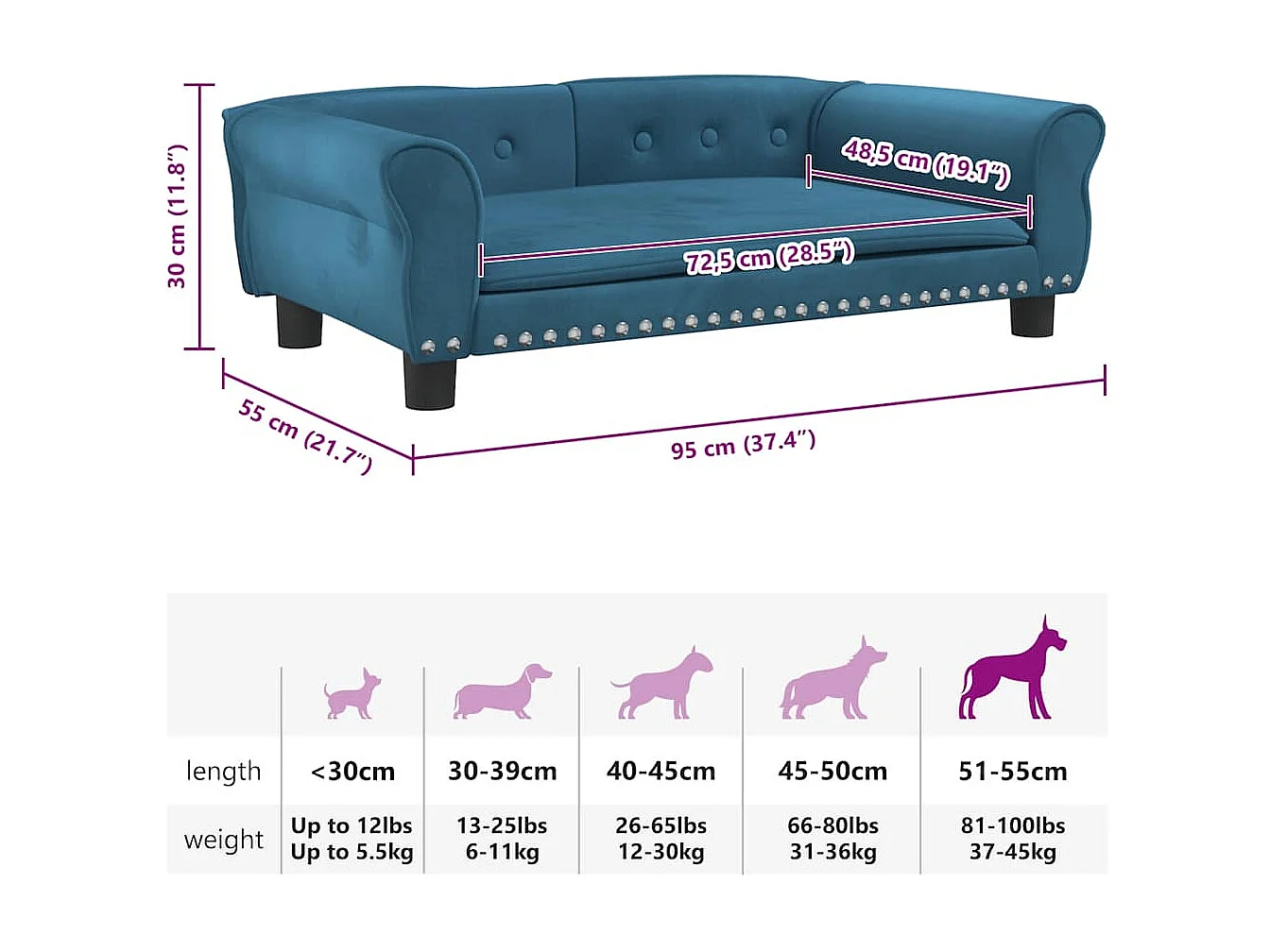 Cama para perro azul 95x55x30 cm terciopelo