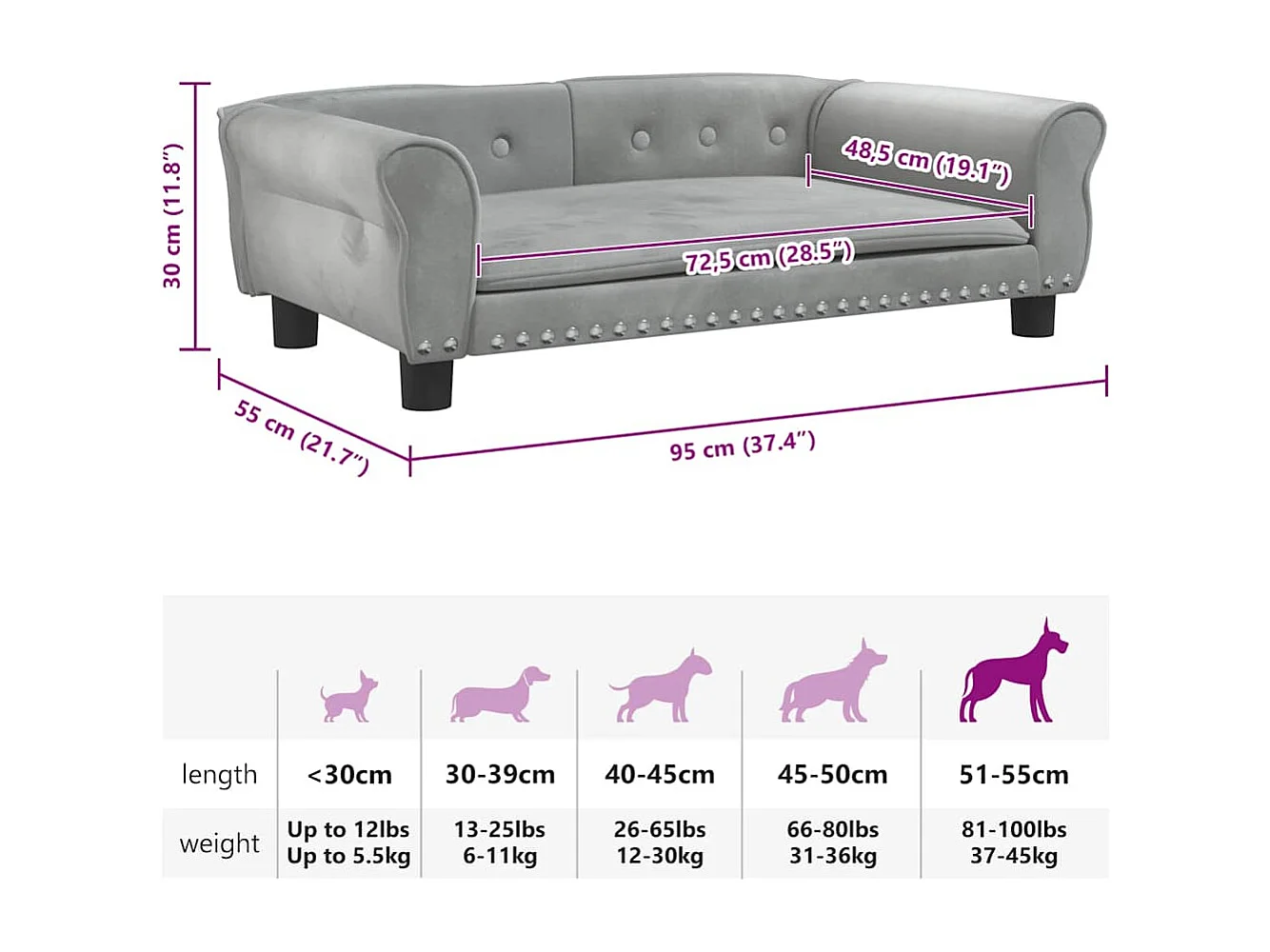 Lit pour chien gris clair 95x55x30 cm velours