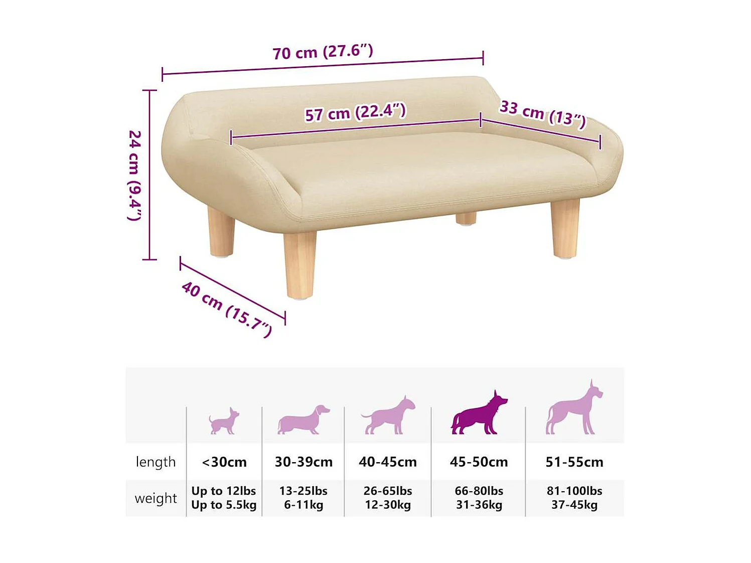 Lit pour chien crème 70x40x24 cm tissu