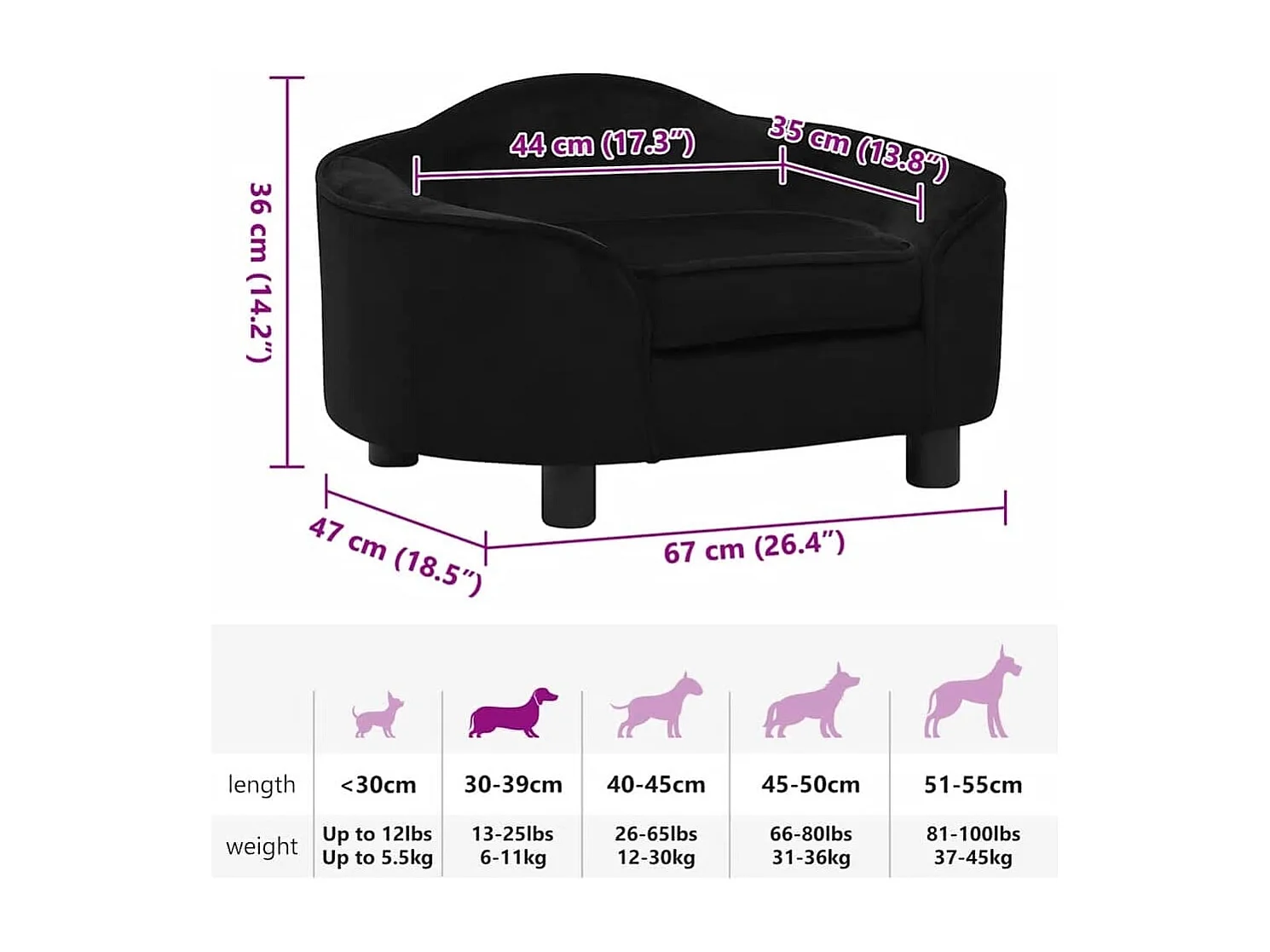 Canapé pour chien Noir 67x47x36 cm Peluche