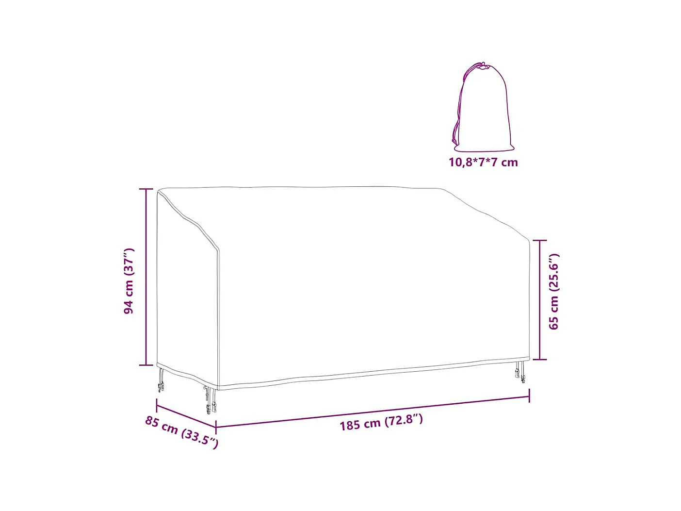 Housse de banc de jardin Noir 185 x 85 x 65 / 94 cm Tissu 600D