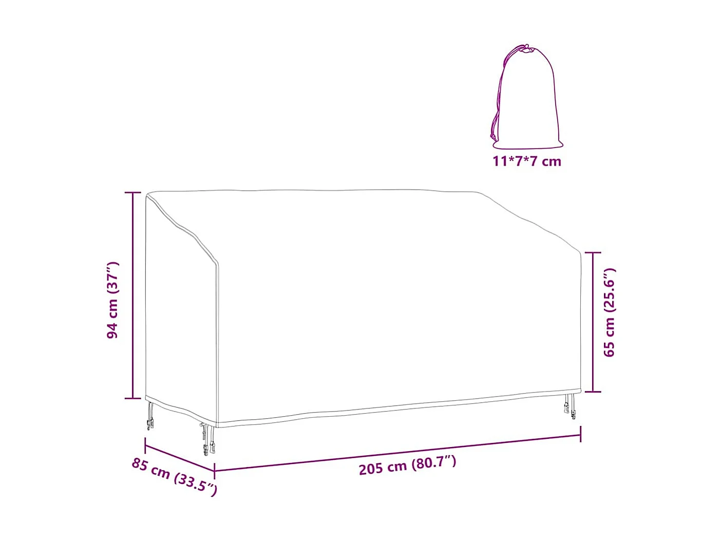 Housse de banc de jardin Noir 205 x 85 x 65 / 94 cm Tissu 420D