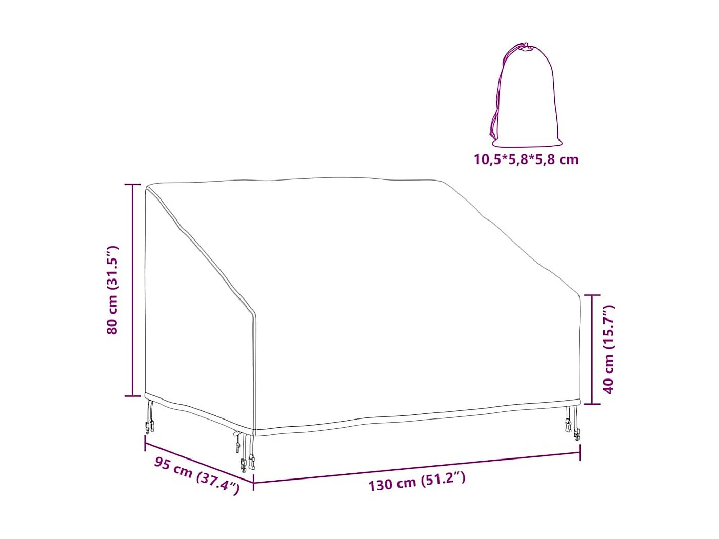 Housse de banc de jardin Noir 130 x 95 x 40 / 80 cm Tissu 210D