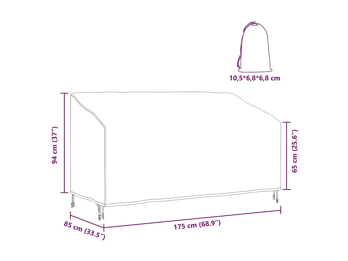 Housse de banc de jardin Noir 175 x 85 x 65 / 94 cm Tissu 600D
