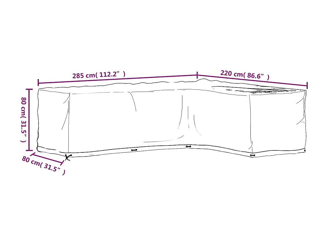 Funda para muebles de jardín en forma de L con 18 ojales 285x220x80cm