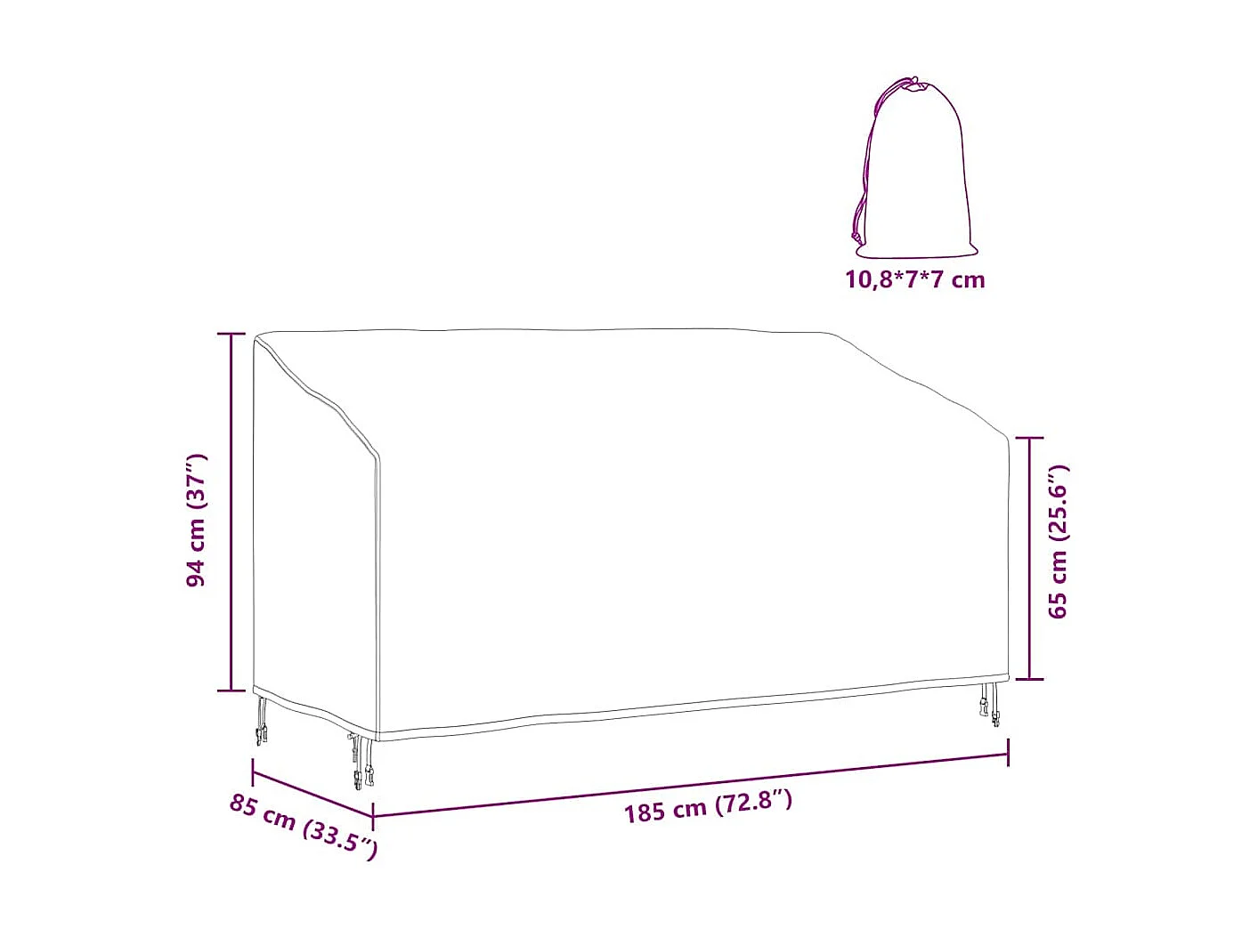 Housse de banc de jardin Noir 185 x 85 x 65 / 94 cm Tissu 210D