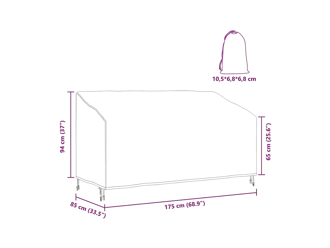 Housse de banc de jardin Noir 175 x 85 x 65 / 94 cm Tissu 420D