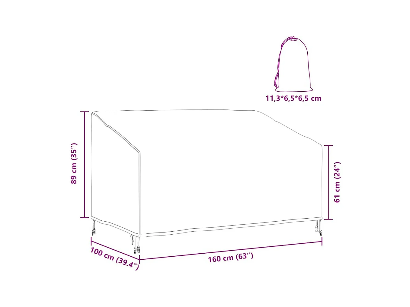 Housse de banc de jardin Noir 160 x 100 x 61 / 89 cm Tissu 600D