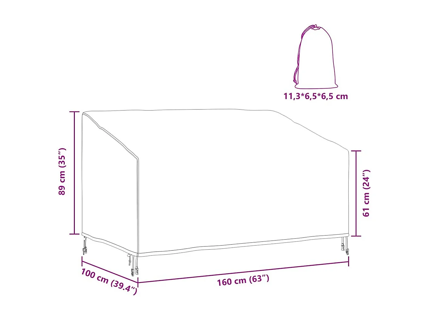 Tuinbankhoes Zwart 160 x 100 x 61 / 89 cm 600D stof