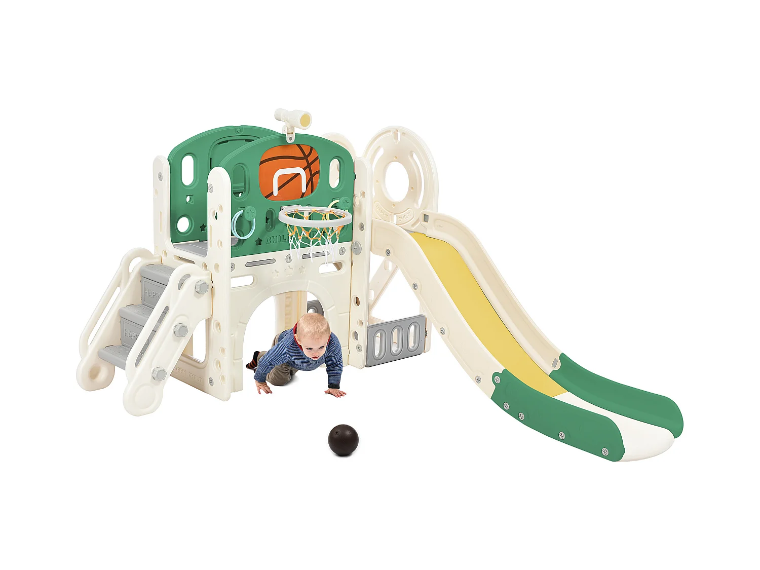 Tobogán infantil 5 en 1 con columpio, tobogán, escaleras, aro de baloncesto y espacio de almacenamiento, HDPE, gris antiguo (179 x 184 x 103 cm)