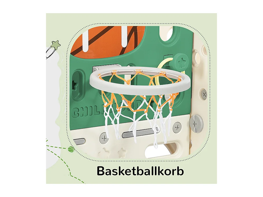 Tobogán infantil 5 en 1 con columpio, tobogán, escaleras, aro de baloncesto y espacio de almacenamiento, HDPE, gris antiguo (179 x 184 x 103 cm)