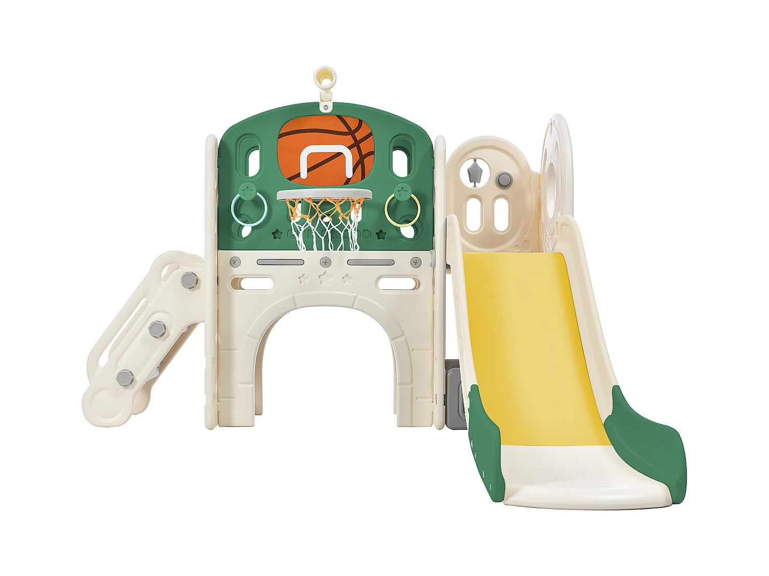 Tobogán infantil 5 en 1 con columpio, tobogán, escaleras, aro de baloncesto y espacio de almacenamiento, HDPE, gris antiguo (179 x 184 x 103 cm)