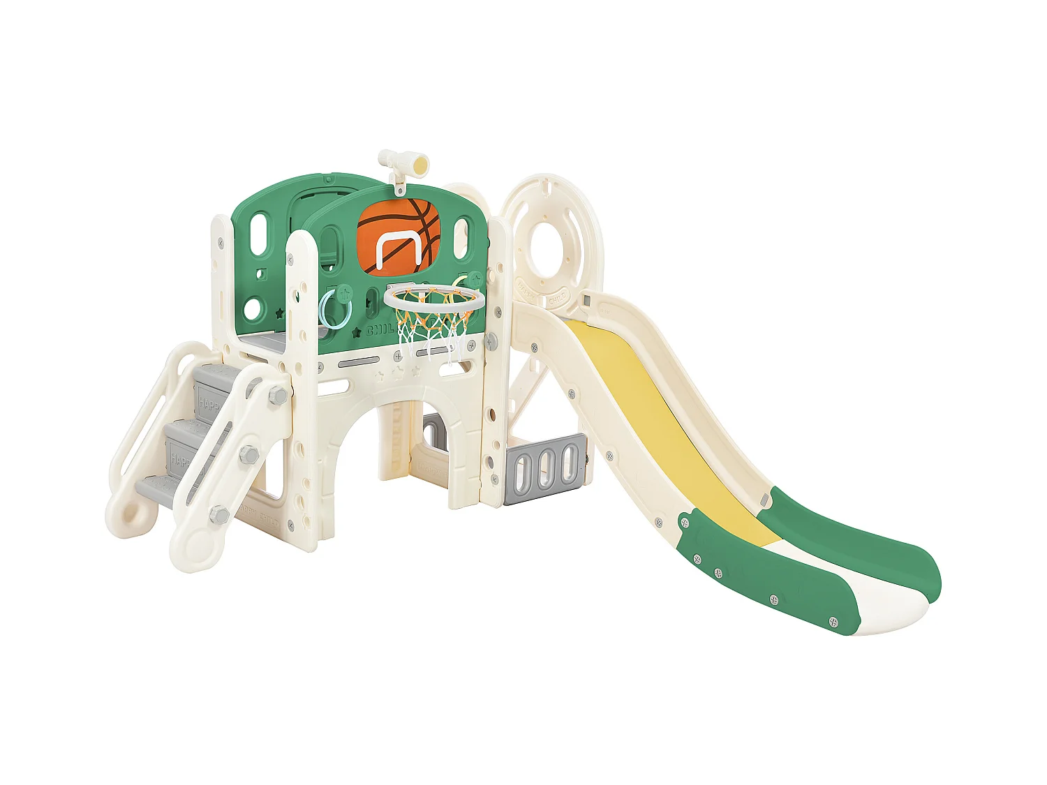 Tobogán infantil 5 en 1 con columpio, tobogán, escaleras, aro de baloncesto y espacio de almacenamiento, HDPE, gris antiguo (179 x 184 x 103 cm)