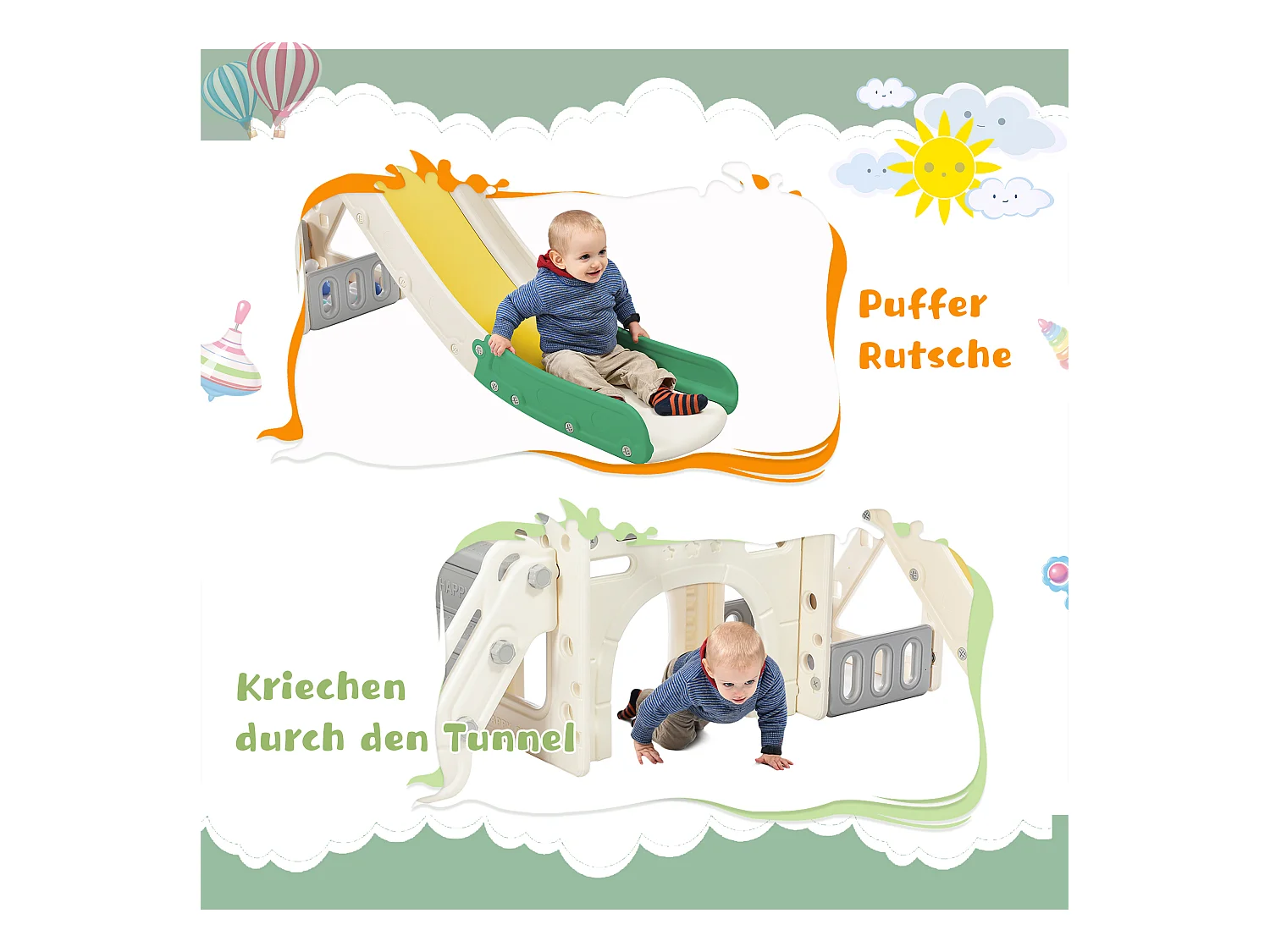 Tobogán infantil 5 en 1 con columpio, tobogán, escaleras, aro de baloncesto y espacio de almacenamiento, HDPE, gris antiguo (179 x 184 x 103 cm)