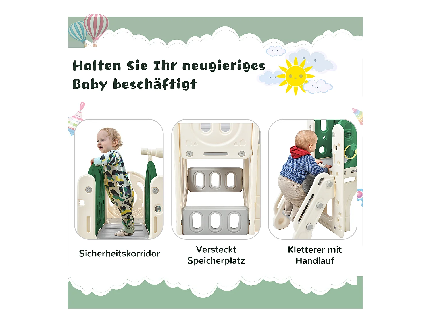 Tobogán infantil 5 en 1 con columpio, tobogán, escaleras, aro de baloncesto y espacio de almacenamiento, HDPE, gris antiguo (179 x 184 x 103 cm)