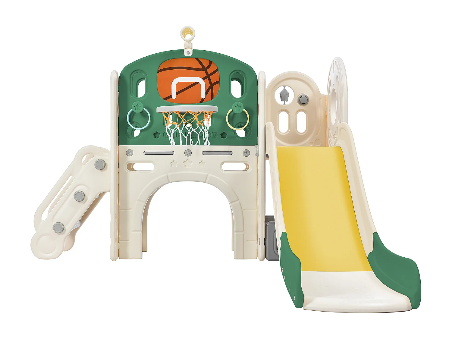 Toboggan 5 en 1 pour enfants avec balançoire, toboggan, escalier, panier de basket et rangement, HDPE, Gris antique (179x184x103 cm)