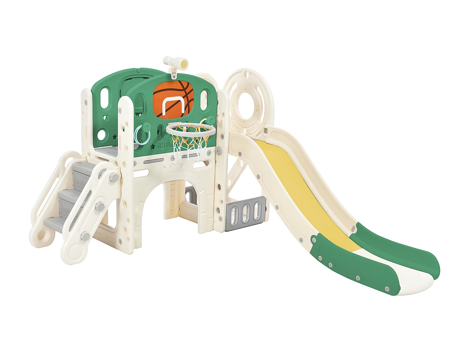 Toboggan 5 en 1 pour enfants avec balançoire, toboggan, escalier, panier de basket et rangement, HDPE, Gris antique (179x184x103 cm)