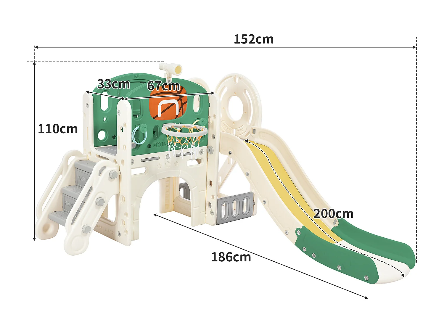 Toboggan 5 en 1 pour enfants avec balançoire, toboggan, escalier, panier de basket et rangement, HDPE, Gris antique (179x184x103 cm)