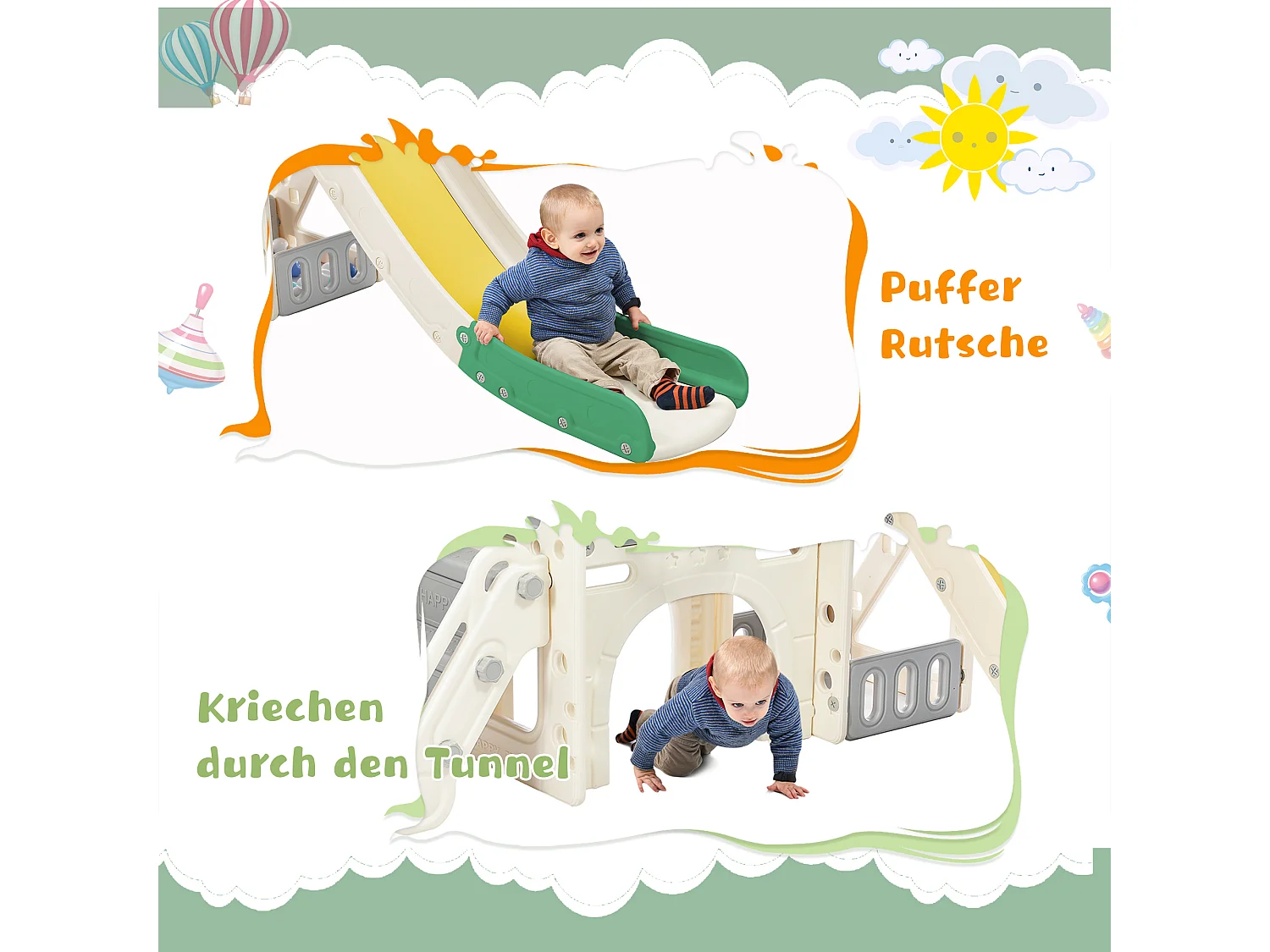 Toboggan 5 en 1 pour enfants avec balançoire, toboggan, escalier, panier de basket et rangement, HDPE, Gris antique (179x184x103 cm)