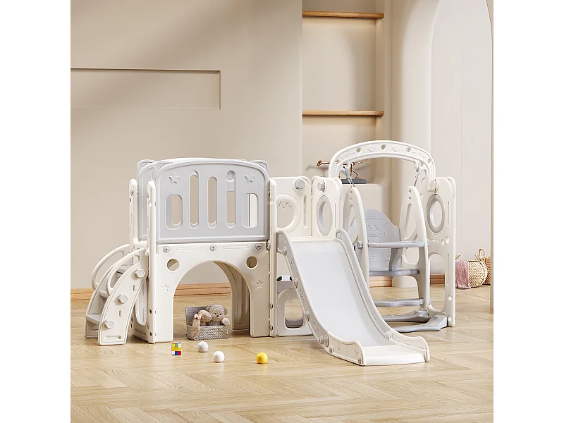 Tobogán infantil 7 en 1 con tobogán, columpio, plataforma, aro de baloncesto, espacio de almacenamiento y escaleras - HDPE (215 x 150 x 106 cm)