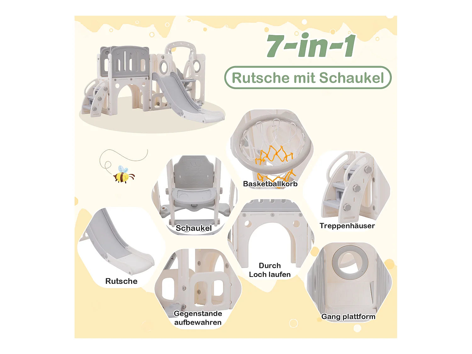 Tobogán infantil 7 en 1 con tobogán, columpio, plataforma, aro de baloncesto, espacio de almacenamiento y escaleras - HDPE (215 x 150 x 106 cm)