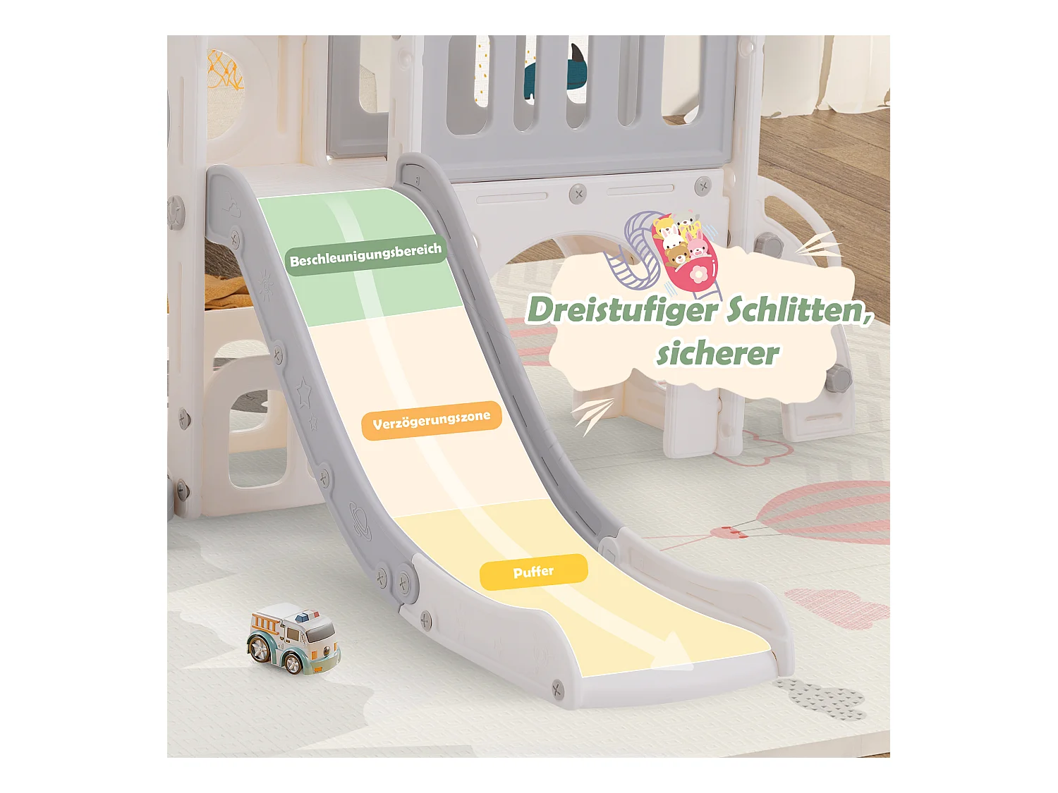 Tobogán infantil 7 en 1 con tobogán, columpio, plataforma, aro de baloncesto, espacio de almacenamiento y escaleras - HDPE (215 x 150 x 106 cm)