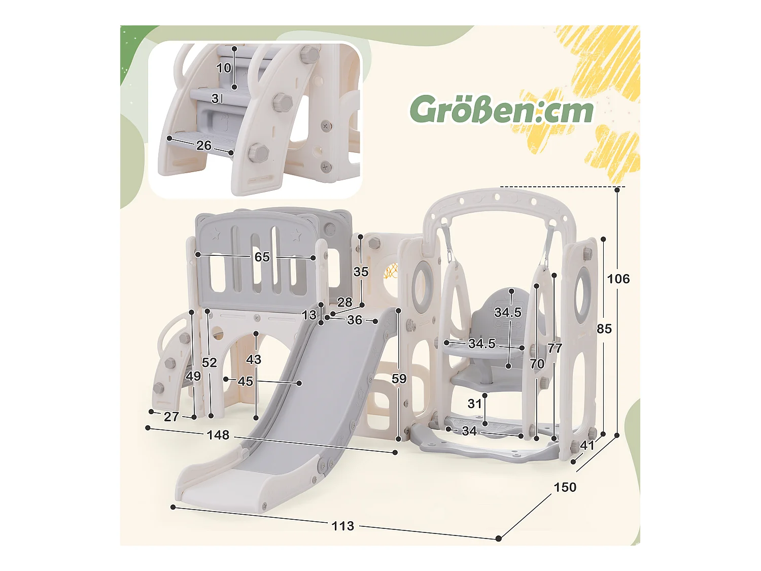 Tobogán infantil 7 en 1 con tobogán, columpio, plataforma, aro de baloncesto, espacio de almacenamiento y escaleras - HDPE (215 x 150 x 106 cm)