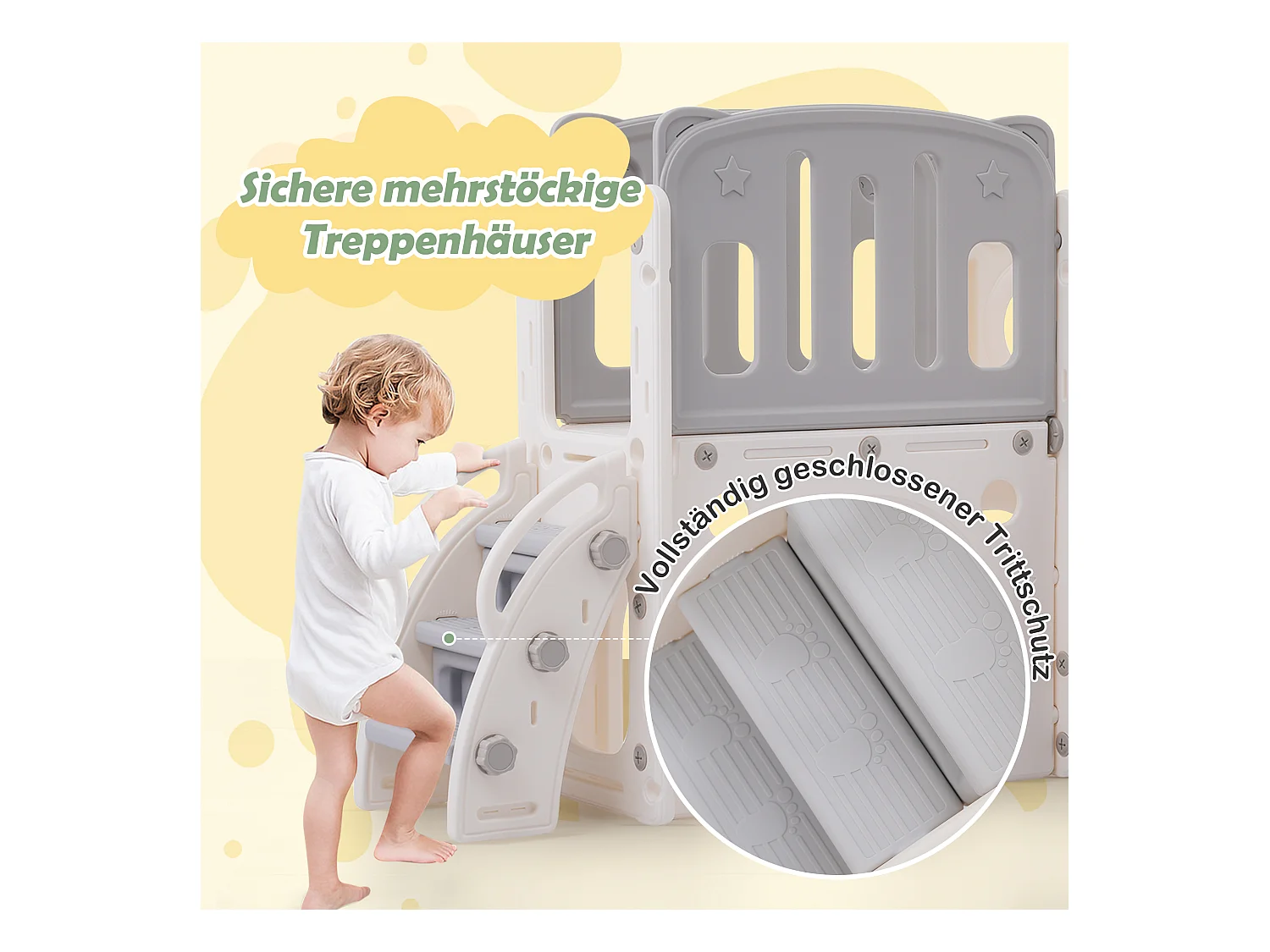 Tobogán infantil 7 en 1 con tobogán, columpio, plataforma, aro de baloncesto, espacio de almacenamiento y escaleras - HDPE (215 x 150 x 106 cm)