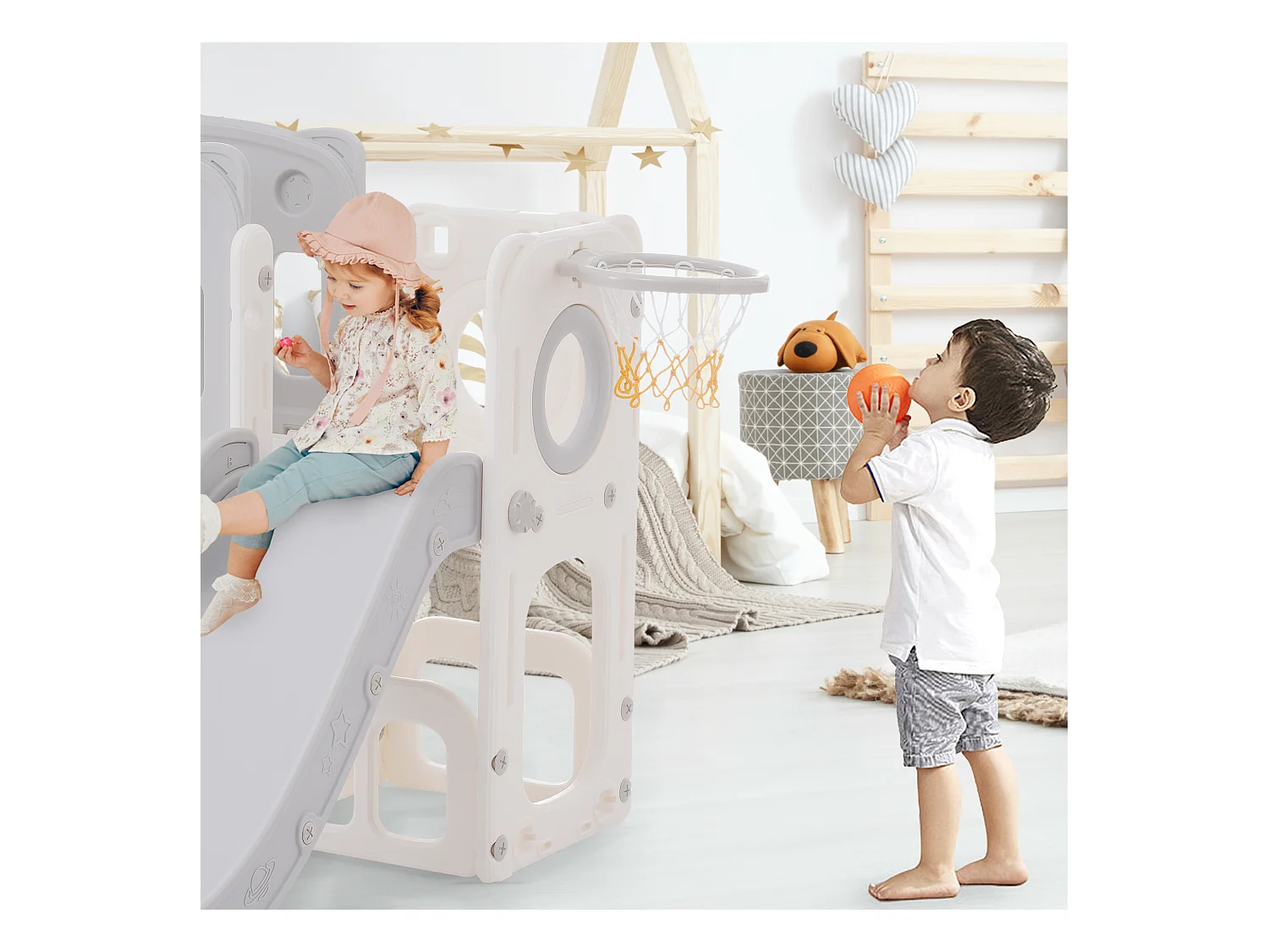 Tobogán infantil 7 en 1 con tobogán, columpio, plataforma, aro de baloncesto, espacio de almacenamiento y escaleras - HDPE (215 x 150 x 106 cm)