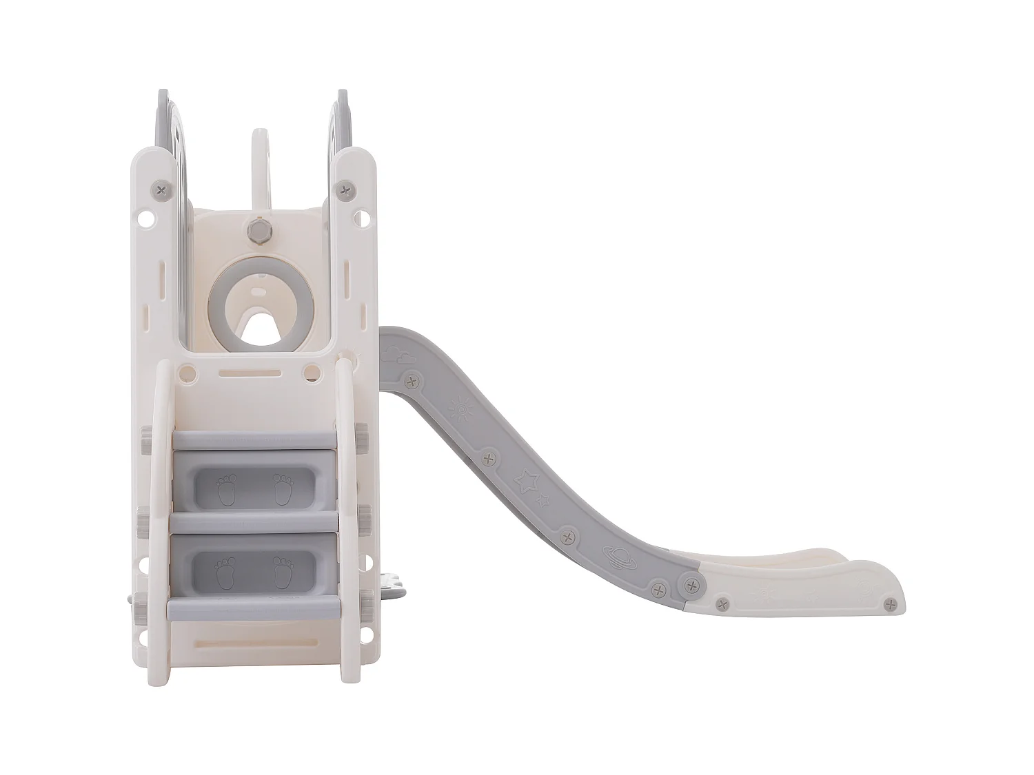 Tobogán infantil 7 en 1 con tobogán, columpio, plataforma, aro de baloncesto, espacio de almacenamiento y escaleras - HDPE (215 x 150 x 106 cm)