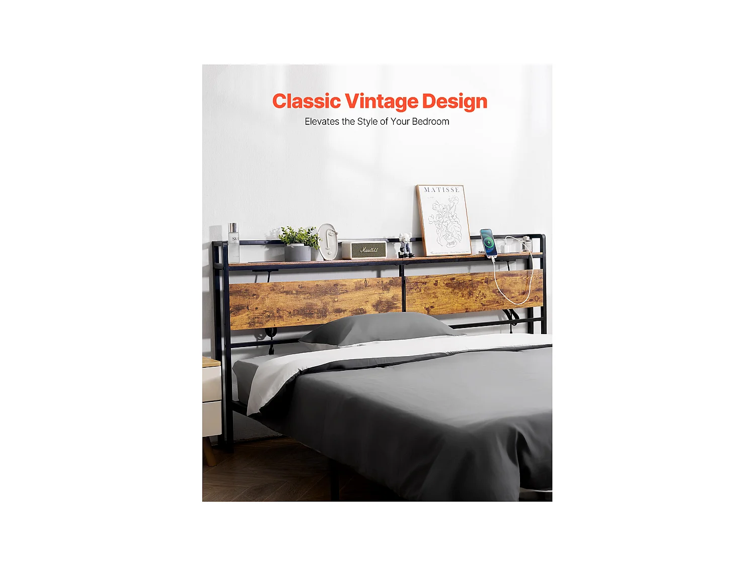 Głowa Łóżka SucceBuy do Łóżka King Size, Głowa Łóżka na Nogi Regulowalne Wysokościowo z Półką do Przechowywania, z Portem USB, do Różnych Ram Łóżkowych