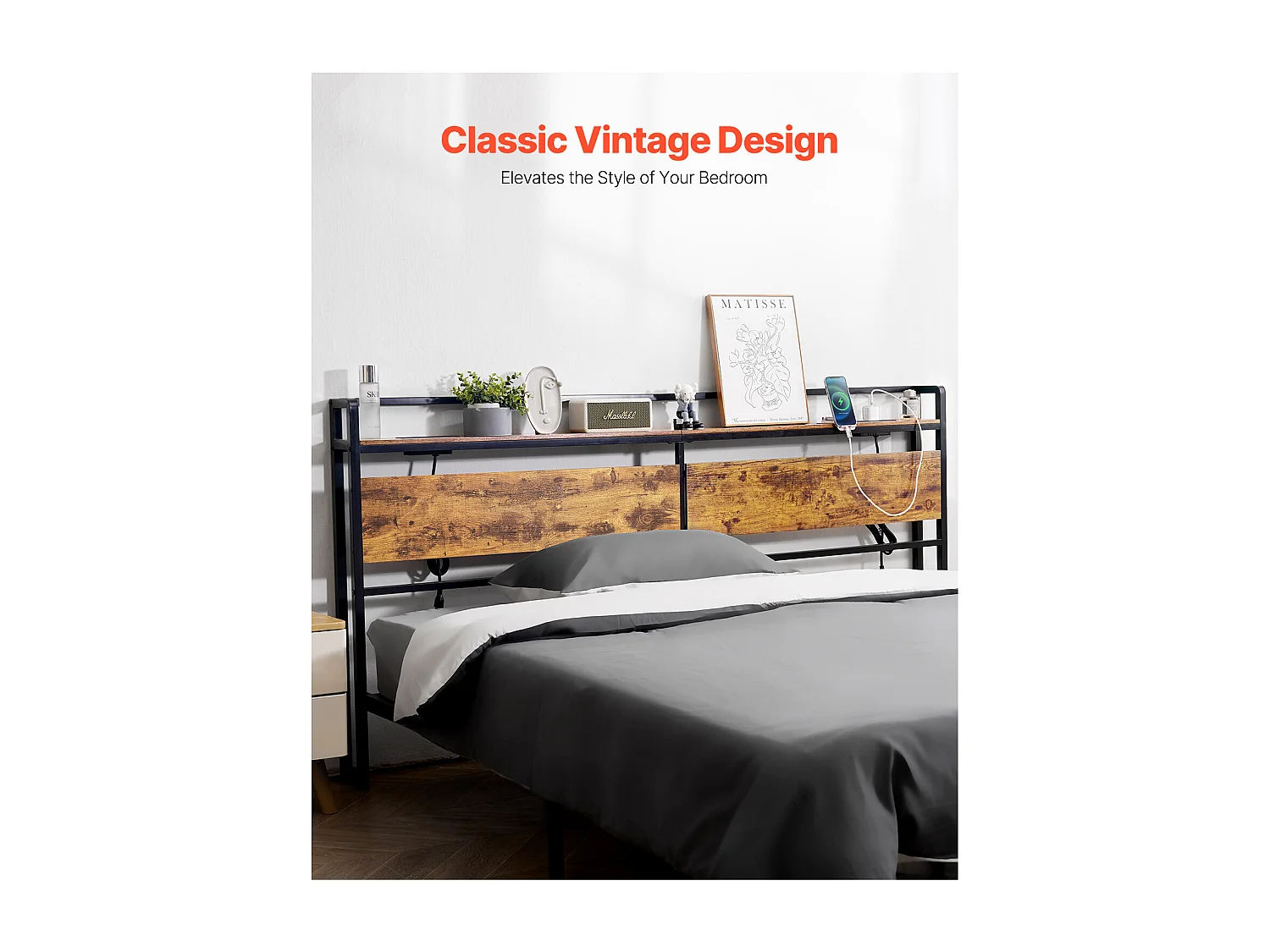 Tête de Lit SucceBuy pour Lit King Size, Tête de Lit sur Pied Réglable en Hauteur avec Étagère de Rangement, avec Port USB, pour Différents Cadres de Lit