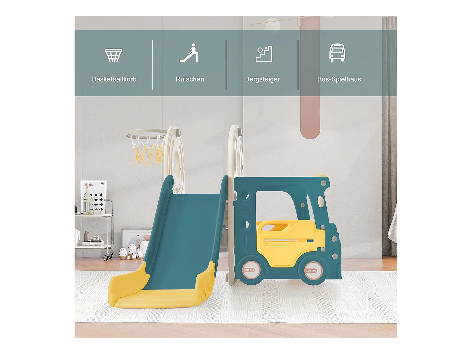 Juego infantil 4 en 1 con autobús, columpio, escalera y aro de baloncesto, HDPE, verde (171 x 109,9 x 100 cm)