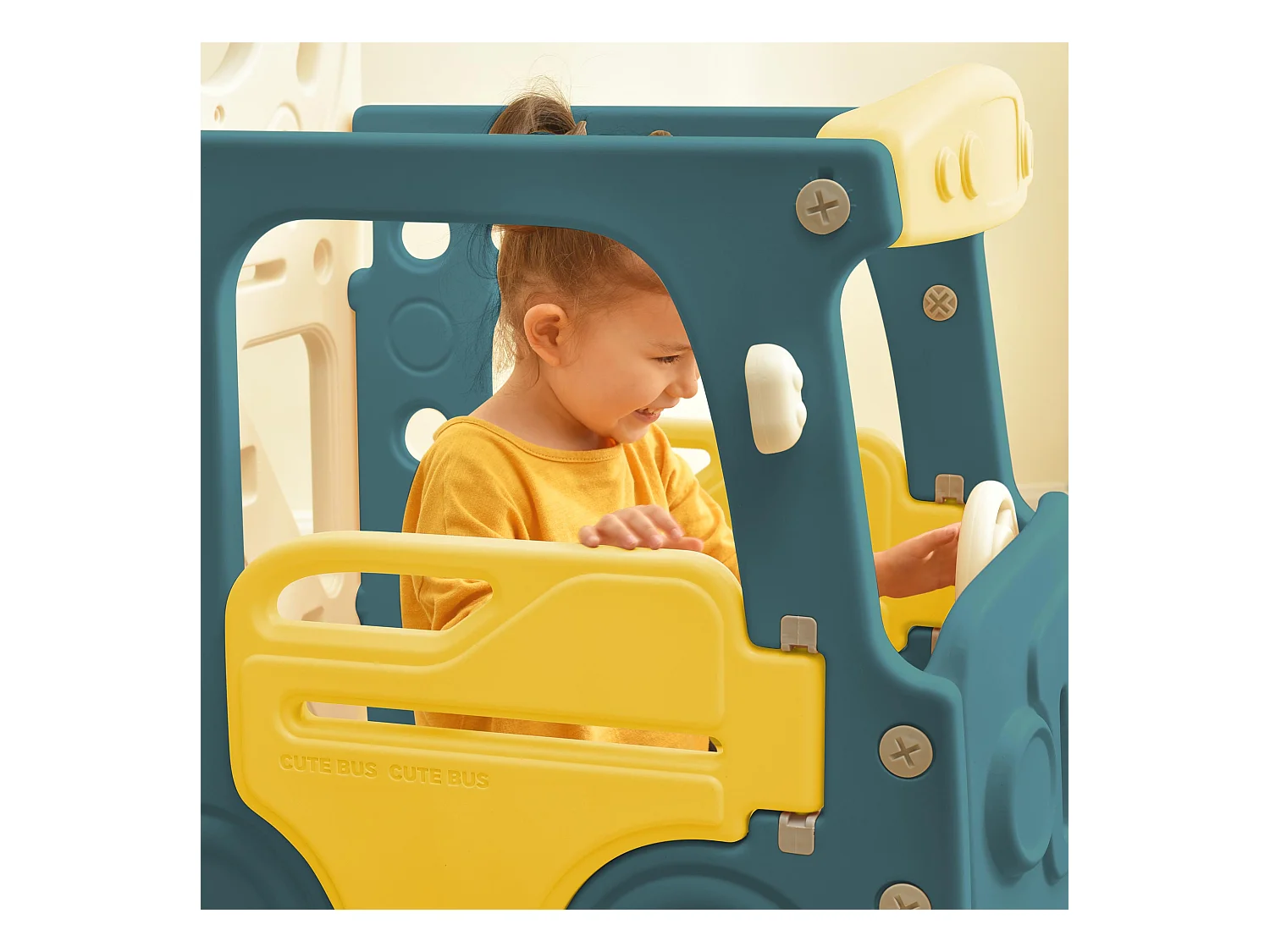 Juego infantil 4 en 1 con autobús, columpio, escalera y aro de baloncesto, HDPE, verde (171 x 109,9 x 100 cm)