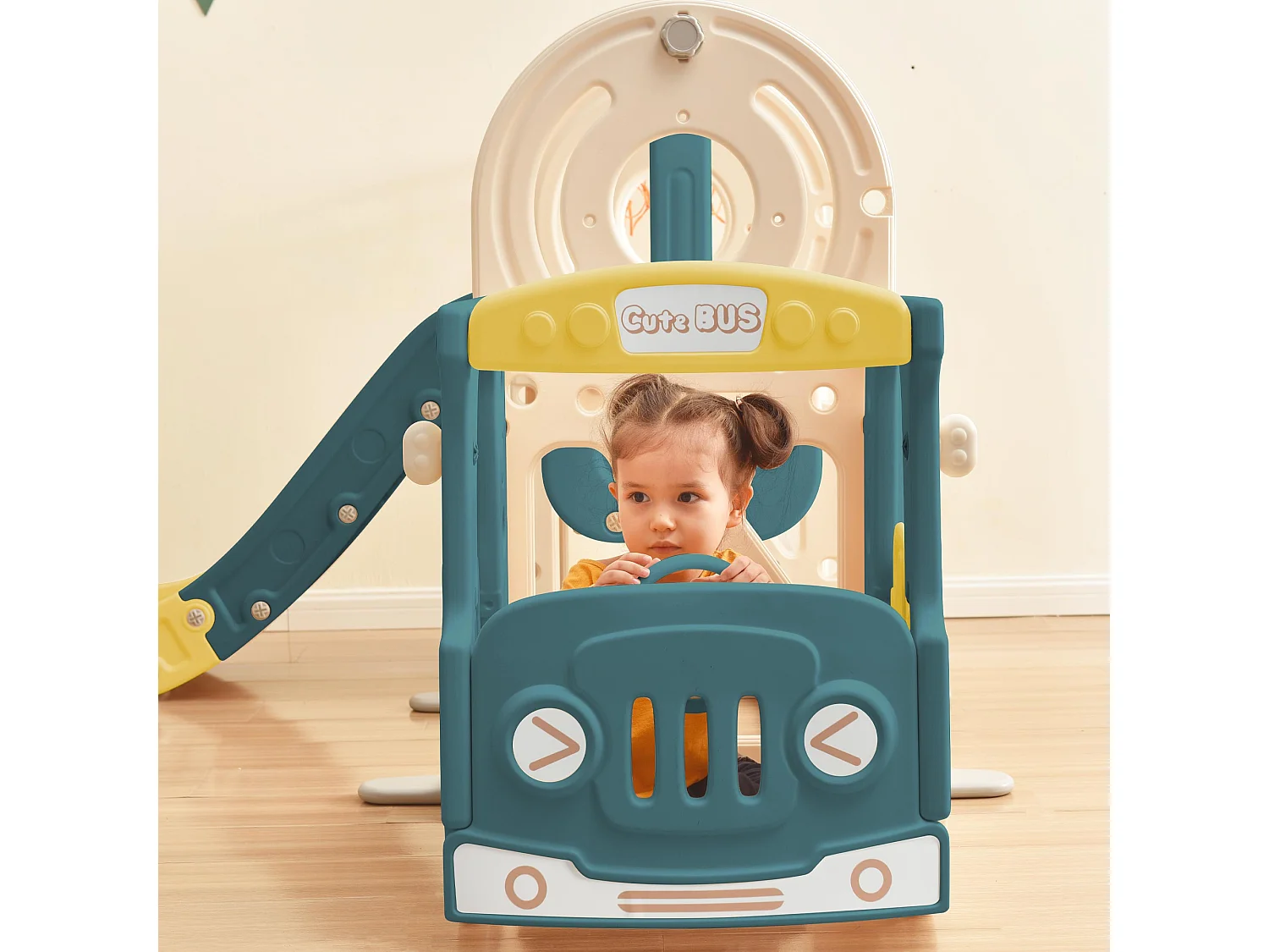 Rutsche pour enfants 4 en 1 avec bus, balançoire, échelle, panier de basketball, HDPE, vert (171x109.9x100 cm)