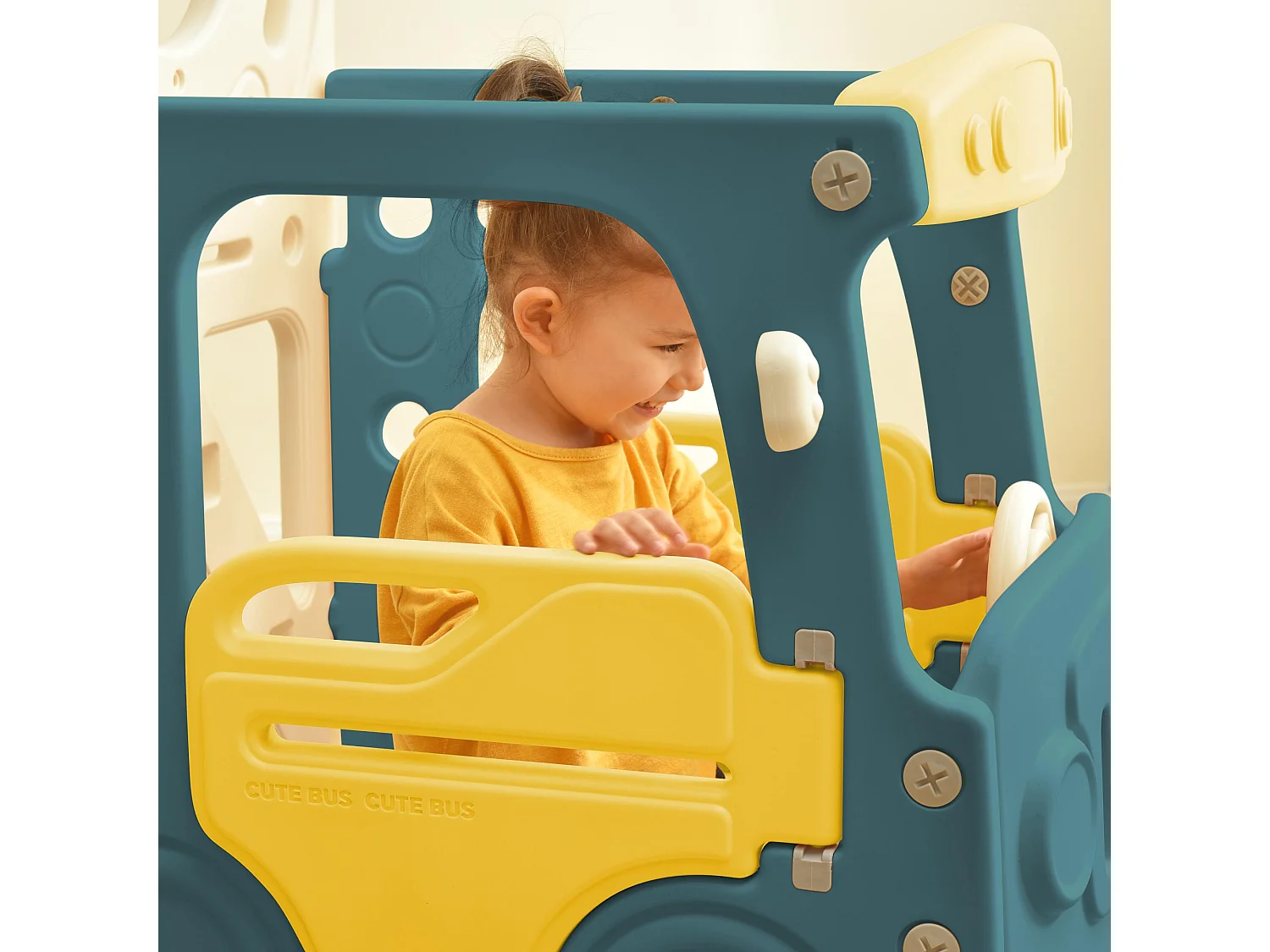 Rutsche pour enfants 4 en 1 avec bus, balançoire, échelle, panier de basketball, HDPE, vert (171x109.9x100 cm)