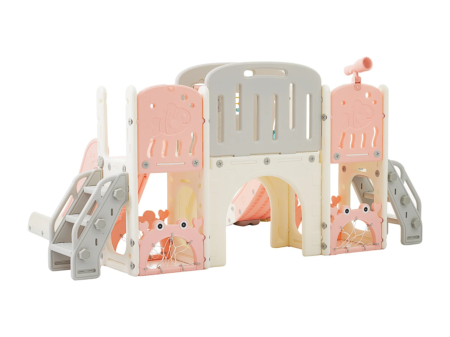 Parque infantil 8 en 1 con tobogán, túnel, aro de baloncesto, telescopio, tobogán doble y más, plástico HDPE, rosa (197 x 167 x 98 cm)