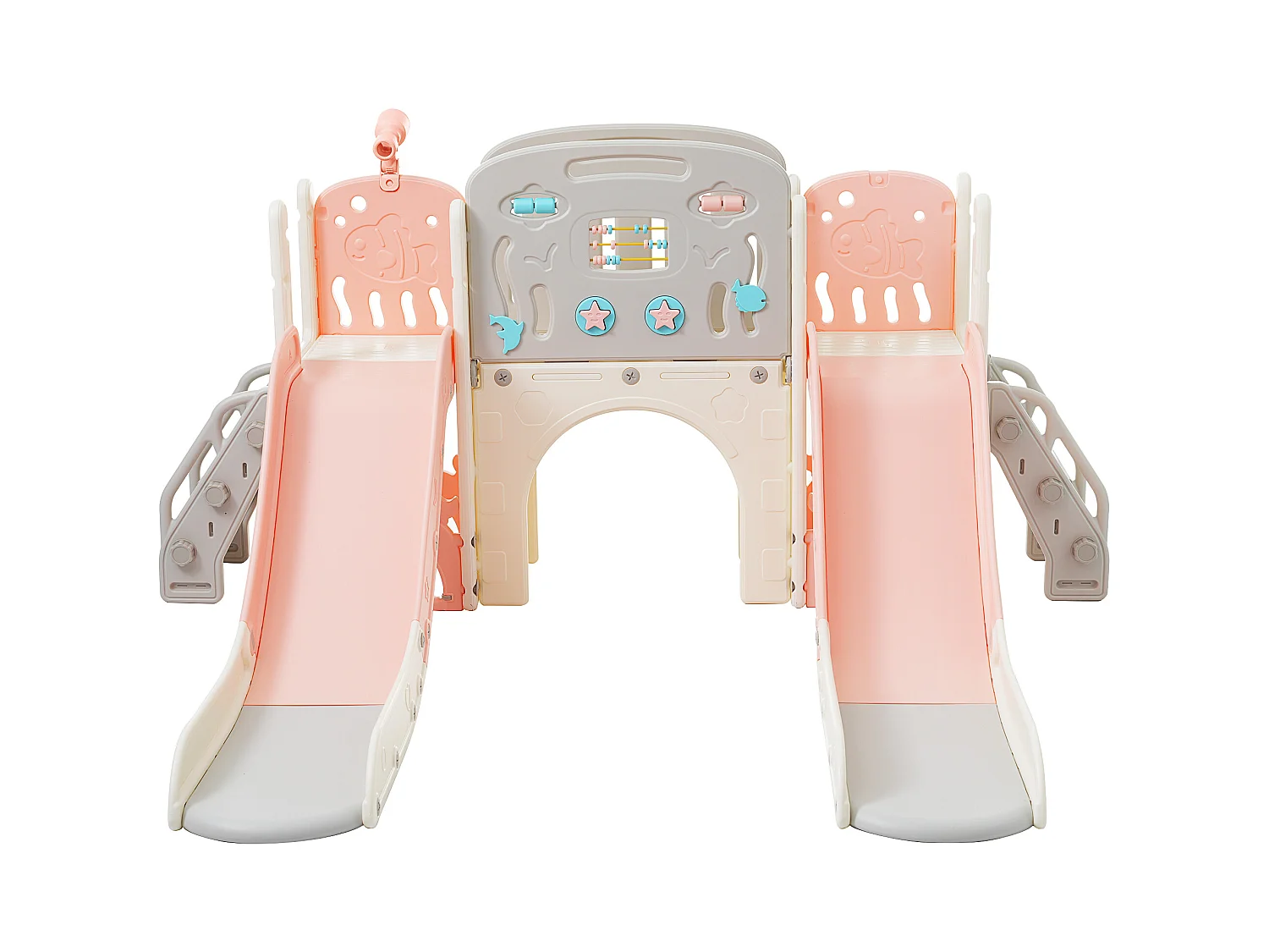 Parc de jeux pour enfants 8-en-1, avec toboggan, tunnel, panier de basket, télescope, double toboggan et plus, en plastique HDPE, rose (197x167x98 cm)