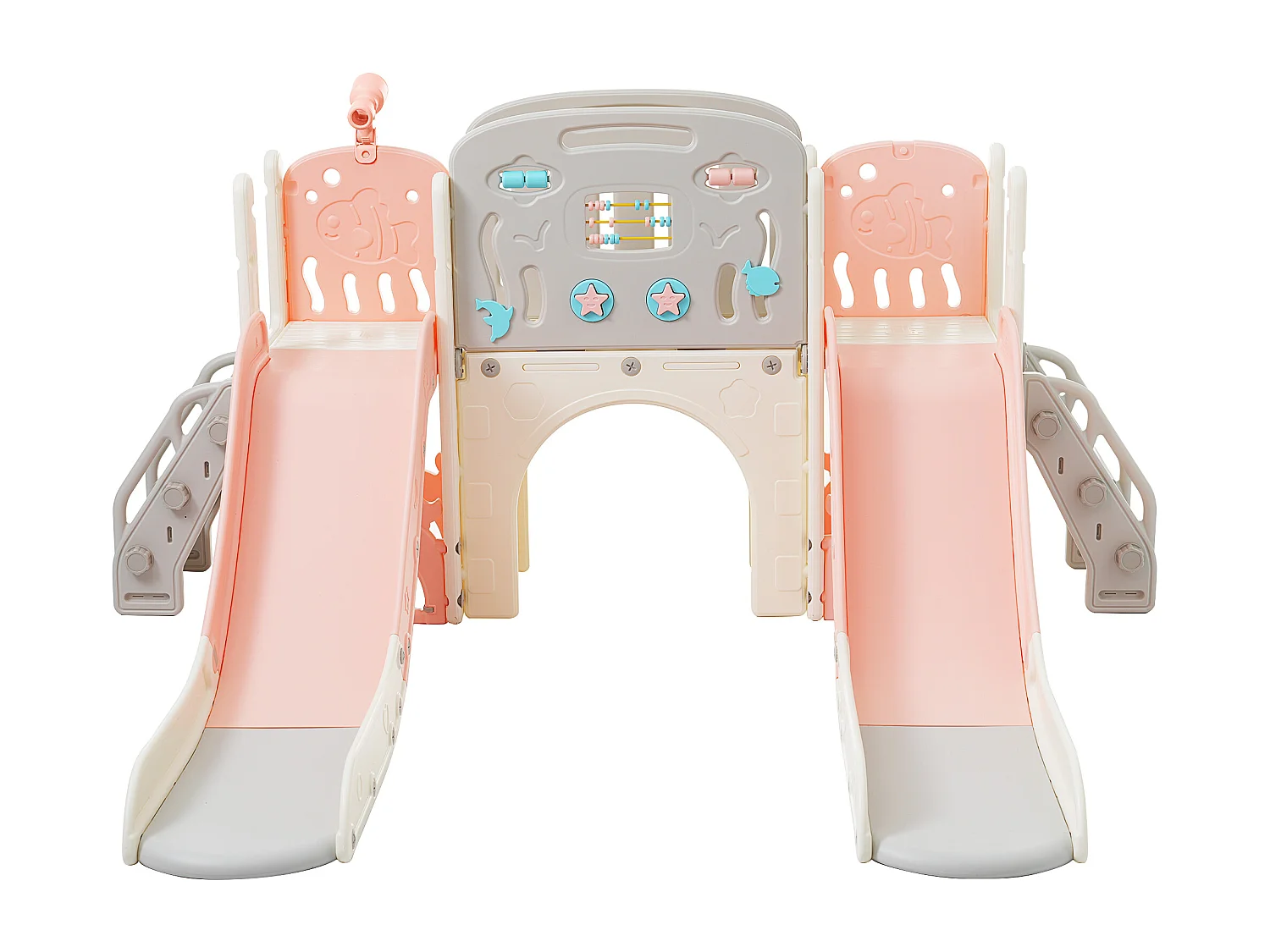 Parc de jeux pour enfants 8-en-1, avec toboggan, tunnel, panier de basket, télescope, double toboggan et plus, en plastique HDPE, rose (197x167x98 cm)