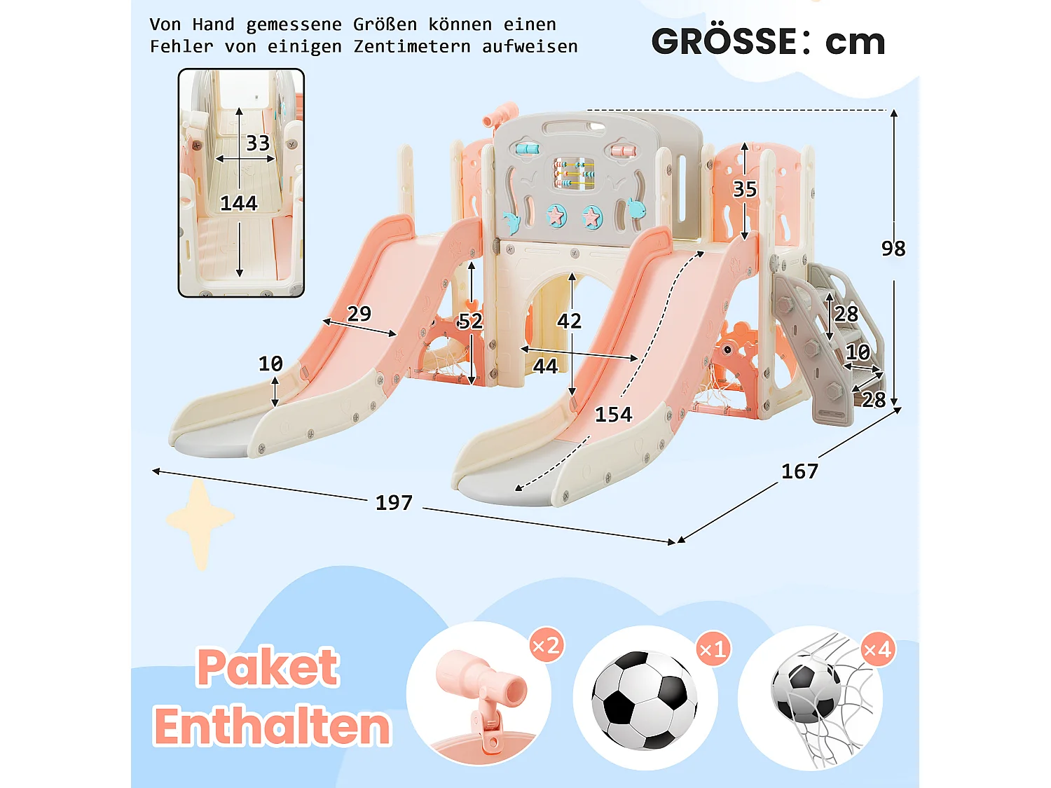 Parc de jeux pour enfants 8-en-1, avec toboggan, tunnel, panier de basket, télescope, double toboggan et plus, en plastique HDPE, rose (197x167x98 cm)