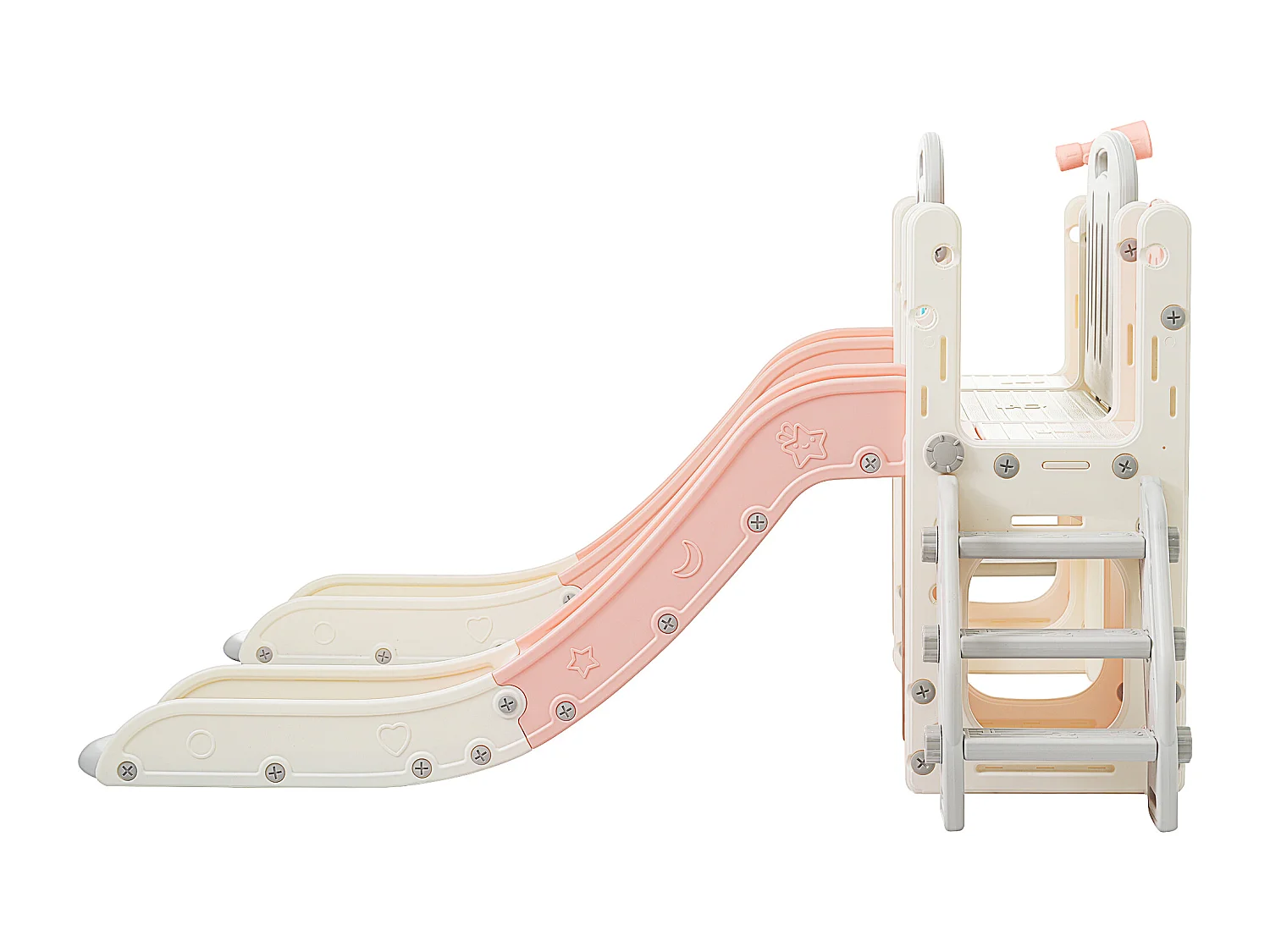 Parc de jeux pour enfants 8-en-1, avec toboggan, tunnel, panier de basket, télescope, double toboggan et plus, en plastique HDPE, rose (197x167x98 cm)