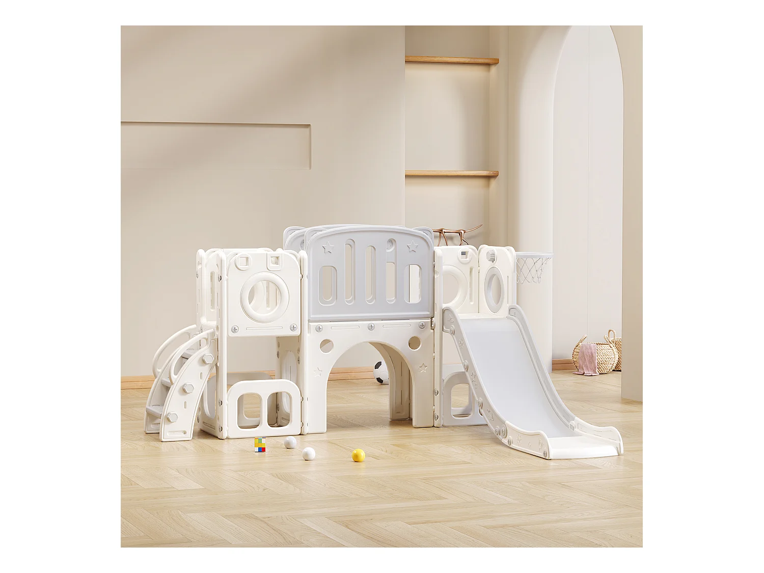 6-in-1 kinderglijbaan met glijbaan, platform, opbergruimte, basketbalring en trap, gemaakt van polyethyleen met hoge dichtheid (174x150x95 cm)