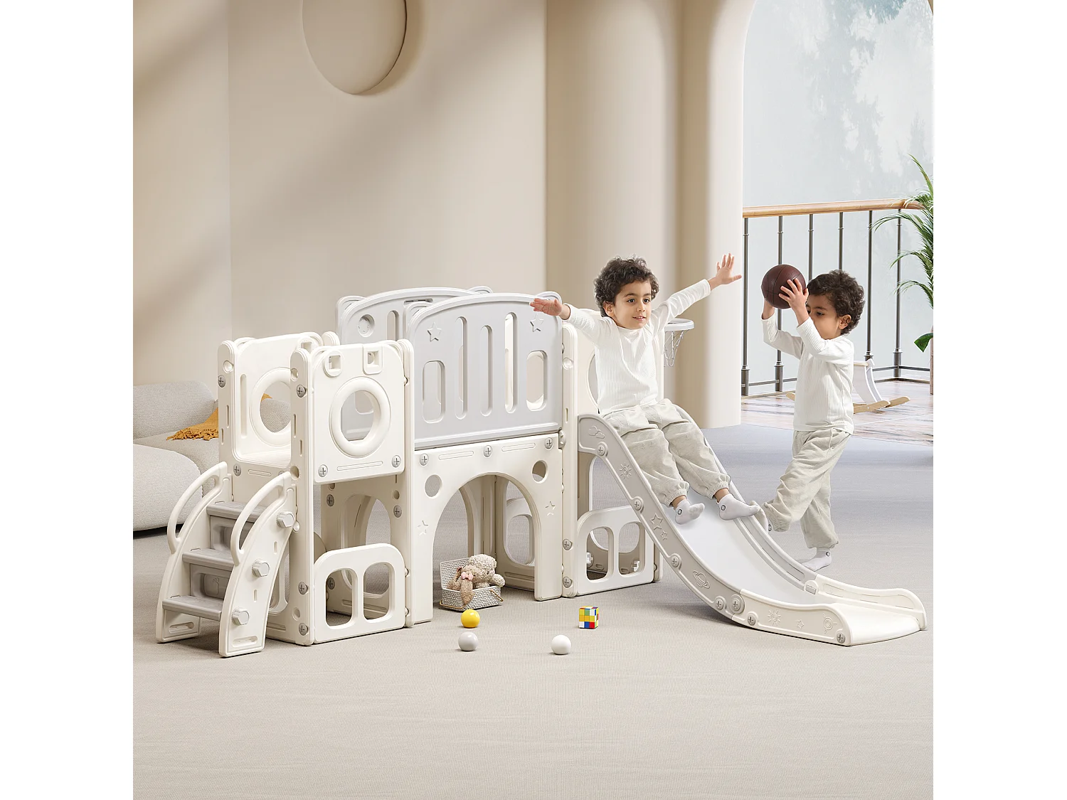 6-in-1 kinderglijbaan met glijbaan, platform, opbergruimte, basketbalring en trap, gemaakt van polyethyleen met hoge dichtheid (174x150x95 cm)