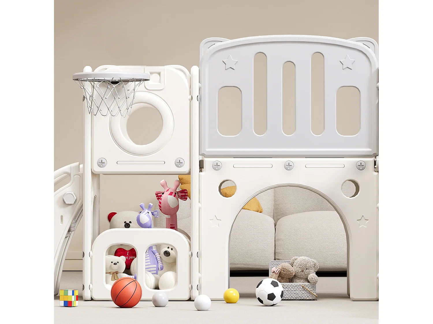Scivolo per bambini 6 in 1 con scivolo, piattaforma, ripostiglio, canestro da basket e scale, realizzato in polietilene ad alta densità (174x150x95 cm)