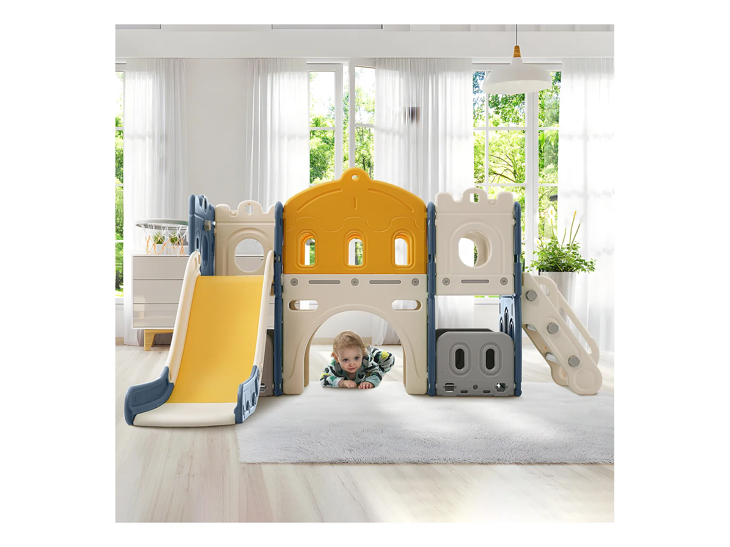 Autobús infantil 4 en 1 con escalera y aro de baloncesto, HDPE, verde (171 x 109,9 x 100 cm)