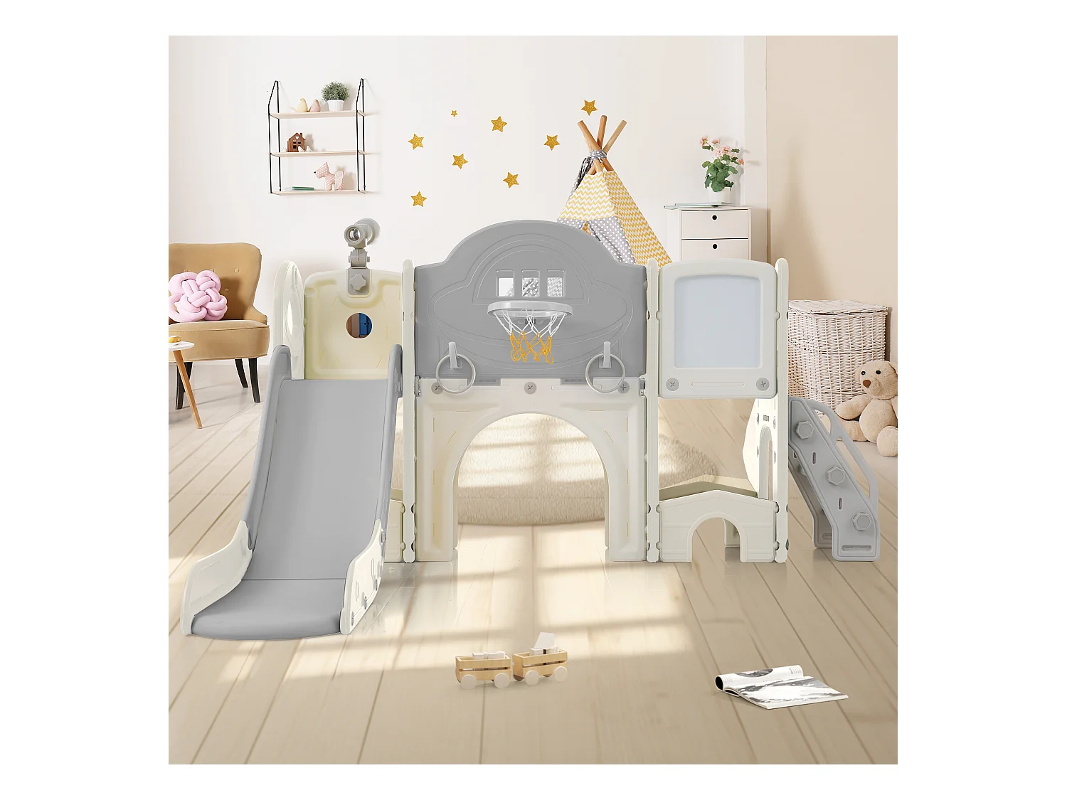 10-in-1 kinderglijbaan met 2 glijbanen, schommel, platform, basketbalring, lassospel, golf, opbergruimte en trap - HDPE (172x165x95 cm)