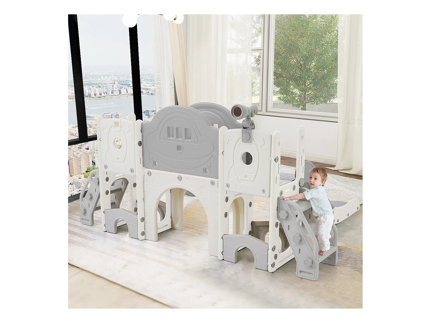 10-in-1 kinderglijbaan met 2 glijbanen, schommel, platform, basketbalring, lassospel, golf, opbergruimte en trap - HDPE (172x165x95 cm)