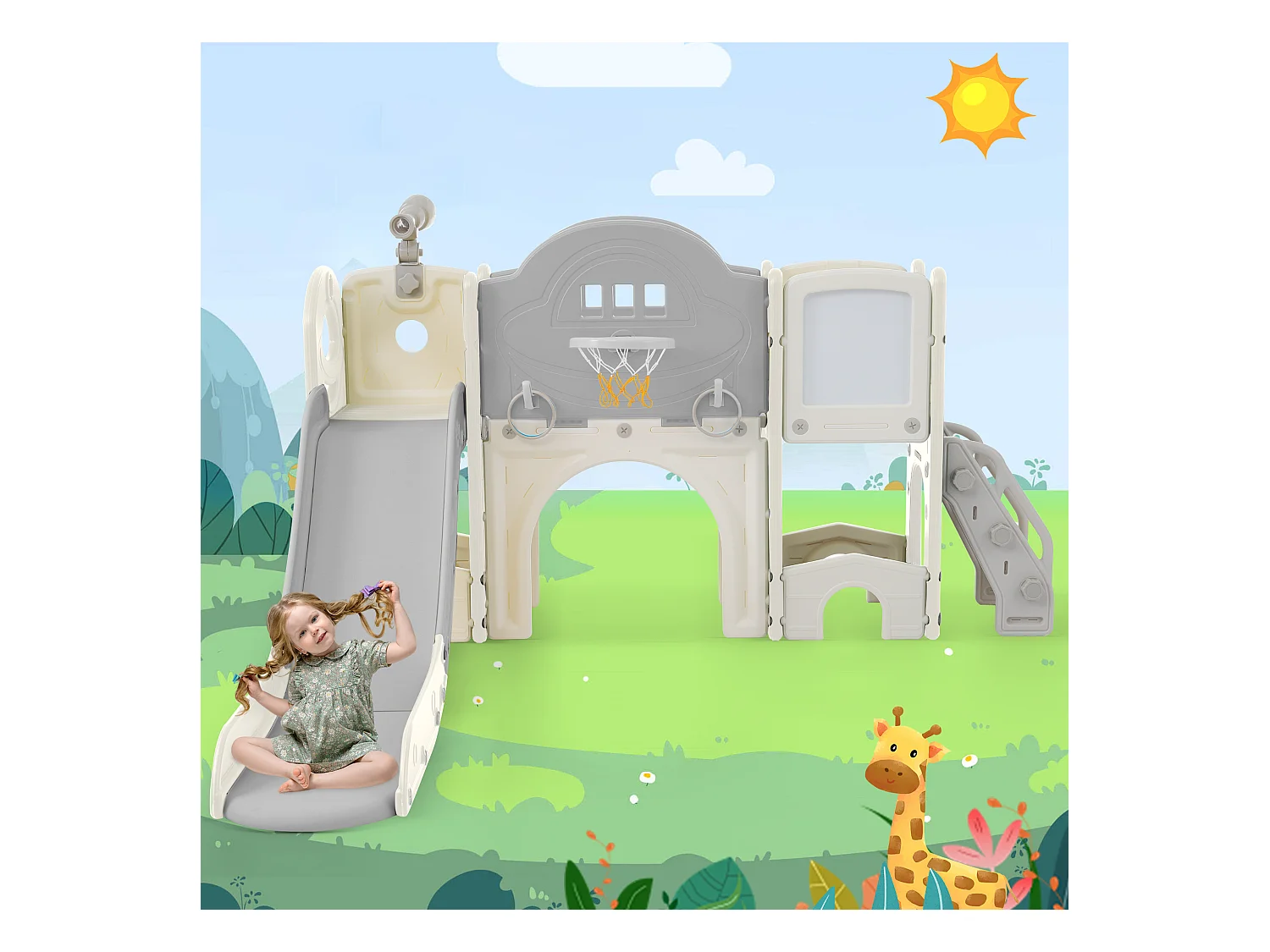 10-in-1 kinderglijbaan met 2 glijbanen, schommel, platform, basketbalring, lassospel, golf, opbergruimte en trap - HDPE (172x165x95 cm)