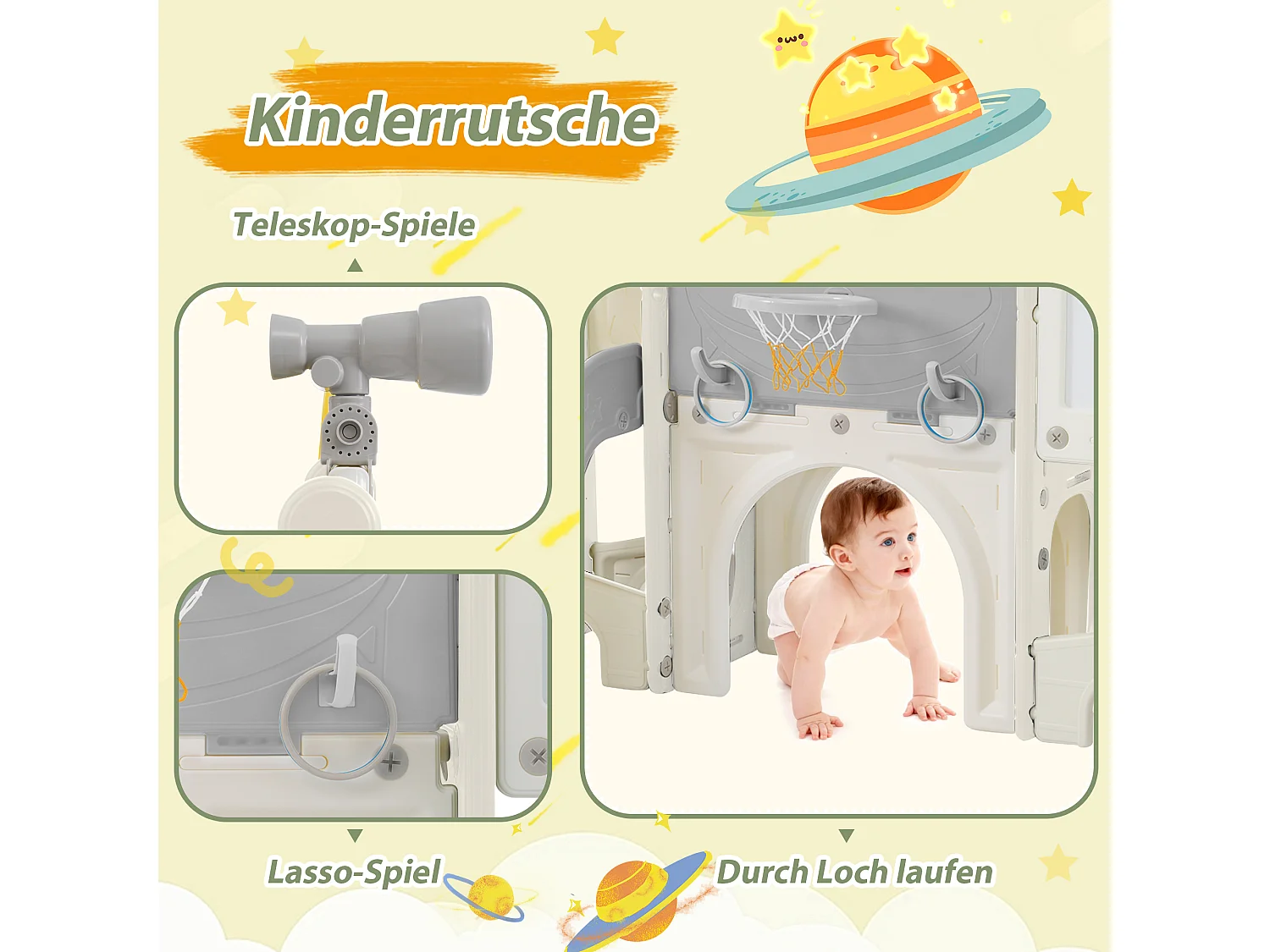 10-in-1 kinderglijbaan met 2 glijbanen, schommel, platform, basketbalring, lassospel, golf, opbergruimte en trap - HDPE (172x165x95 cm)